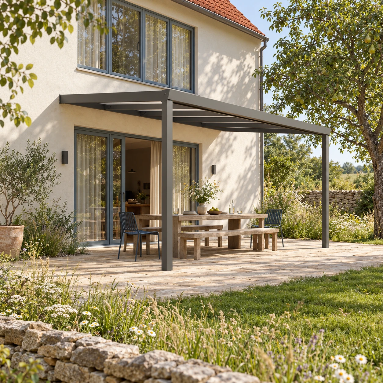 Terrassenüberdachung Plus 5 x 4 Meter Anthrazit Opal Polycarbonat moderne Rinne – Gesamtansicht Terrassenüberdachung Plus 5 x 4 Meter Anthrazit Opal Polycarbonat moderne Rinne – Gesamtansicht