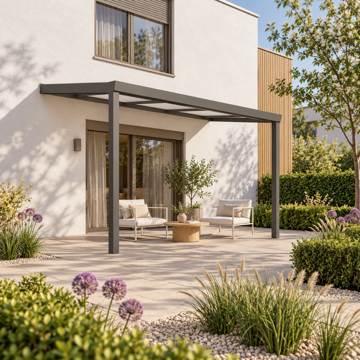 Terrassenüberdachung Plus 4 x 2,5 Meter Anthrazit Opal Polycarbonat moderne Rinne – Gesamtansicht Terrassenüberdachung Plus 4 x 2,5 Meter Anthrazit Opal Polycarbonat moderne Rinne – Gesamtansicht