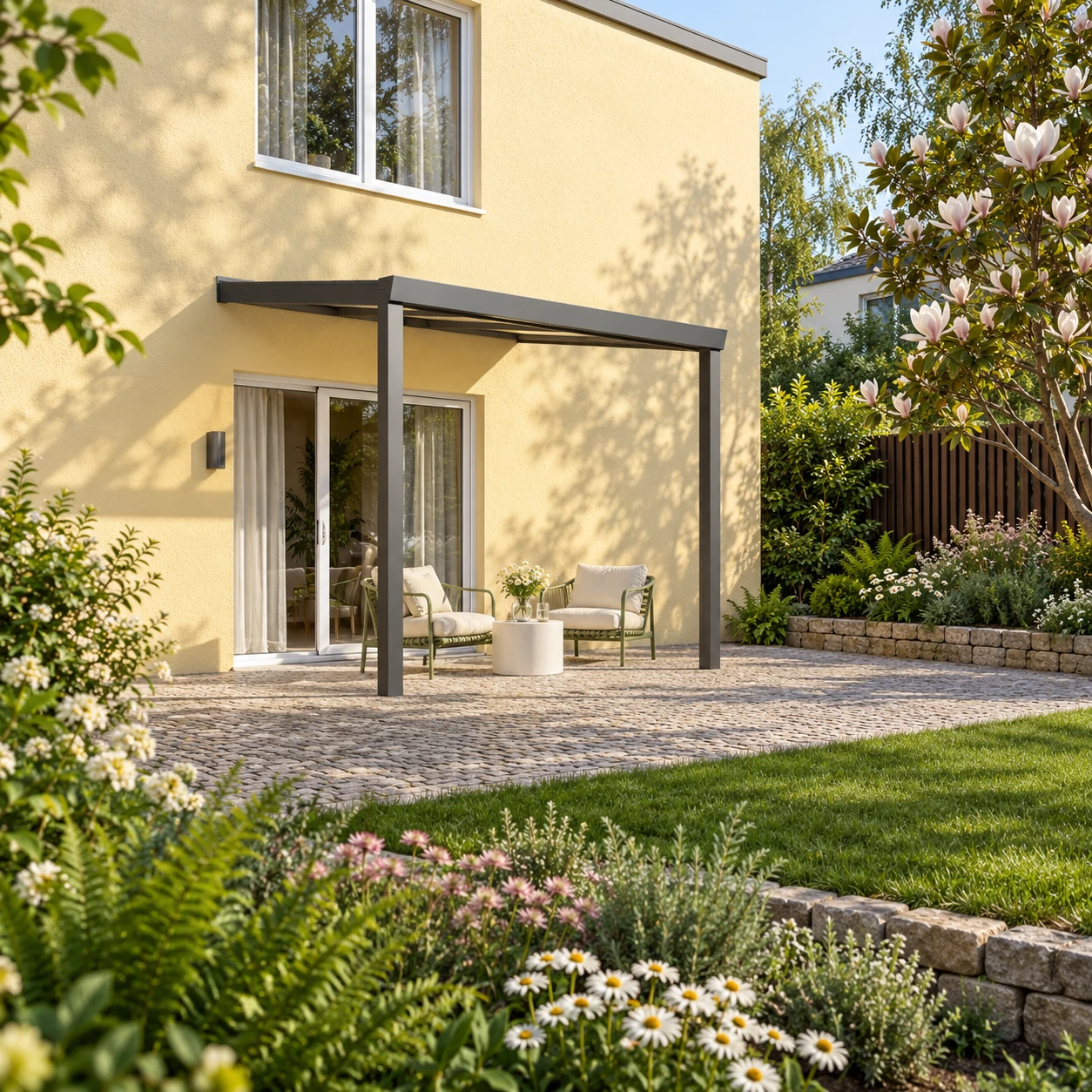 Terrassenüberdachung Plus 3 x 2,5 Meter Anthrazit Opal Polycarbonat moderne Rinne – Gesamtansicht Terrassenüberdachung Plus 3 x 2,5 Meter Anthrazit Opal Polycarbonat moderne Rinne – Gesamtansicht