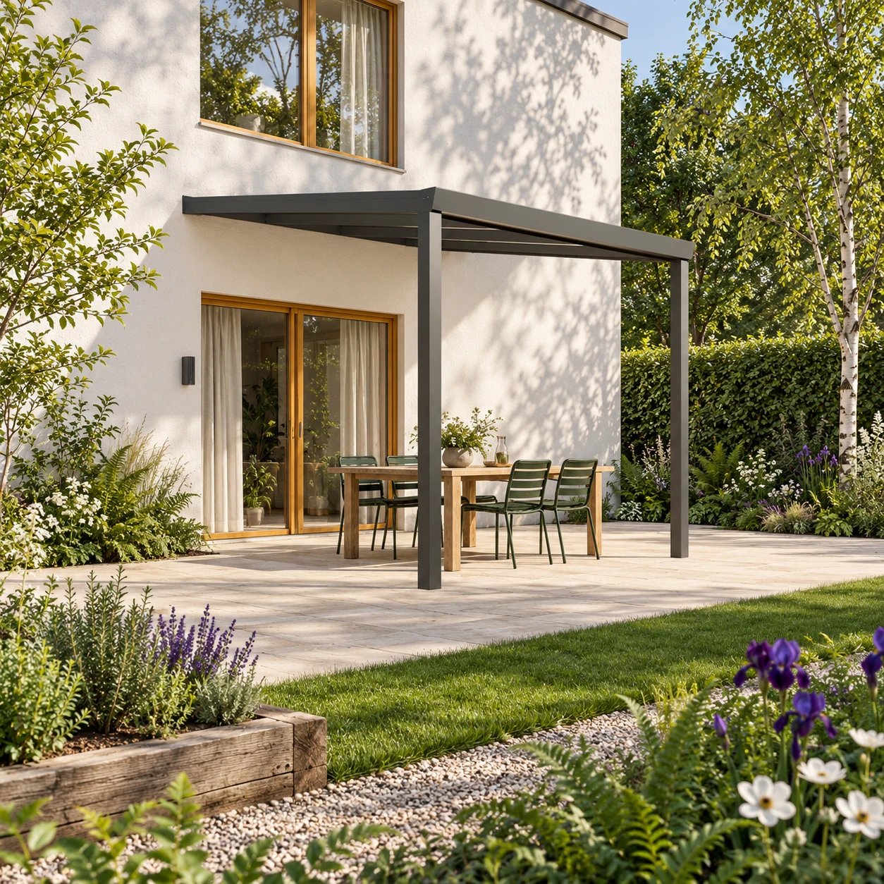 Terrassenüberdachung Plus 3 x 4 Meter Anthrazit Opal Polycarbonat moderne Rinne – Gesamtansicht Terrassenüberdachung Plus 3 x 4 Meter Anthrazit Opal Polycarbonat moderne Rinne – Gesamtansicht