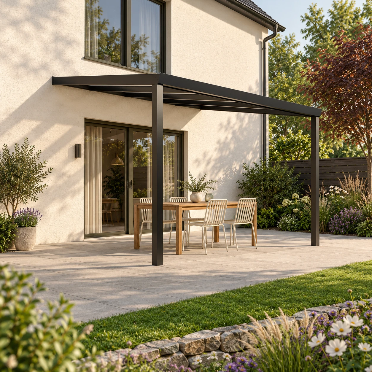 Terrassenüberdachung Plus 4 x 4 Meter Mattschwarz Opal Polycarbonat moderne Rinne – Gesamtansicht Terrassenüberdachung Plus 4 x 4 Meter Mattschwarz Opal Polycarbonat moderne Rinne – Gesamtansicht
