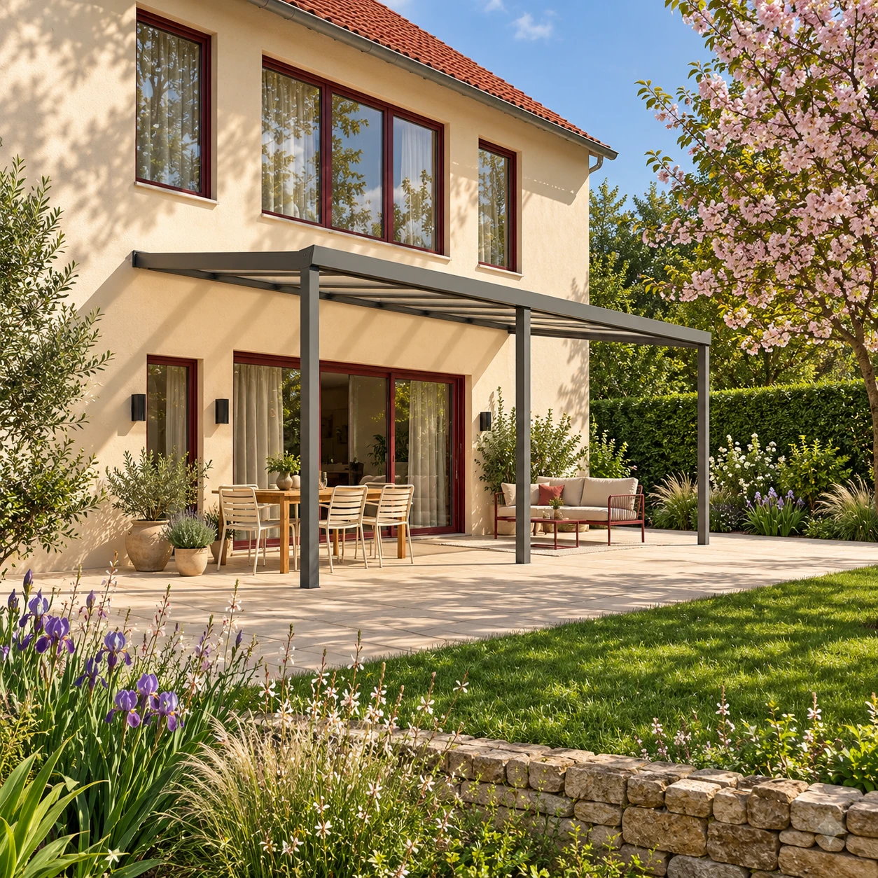 Terrassenüberdachung Plus 7 x 3,5 Meter Anthrazit Opal Polycarbonat moderne Rinne – Gesamtansicht Terrassenüberdachung Plus 7 x 3,5 Meter Anthrazit Opal Polycarbonat moderne Rinne – Gesamtansicht