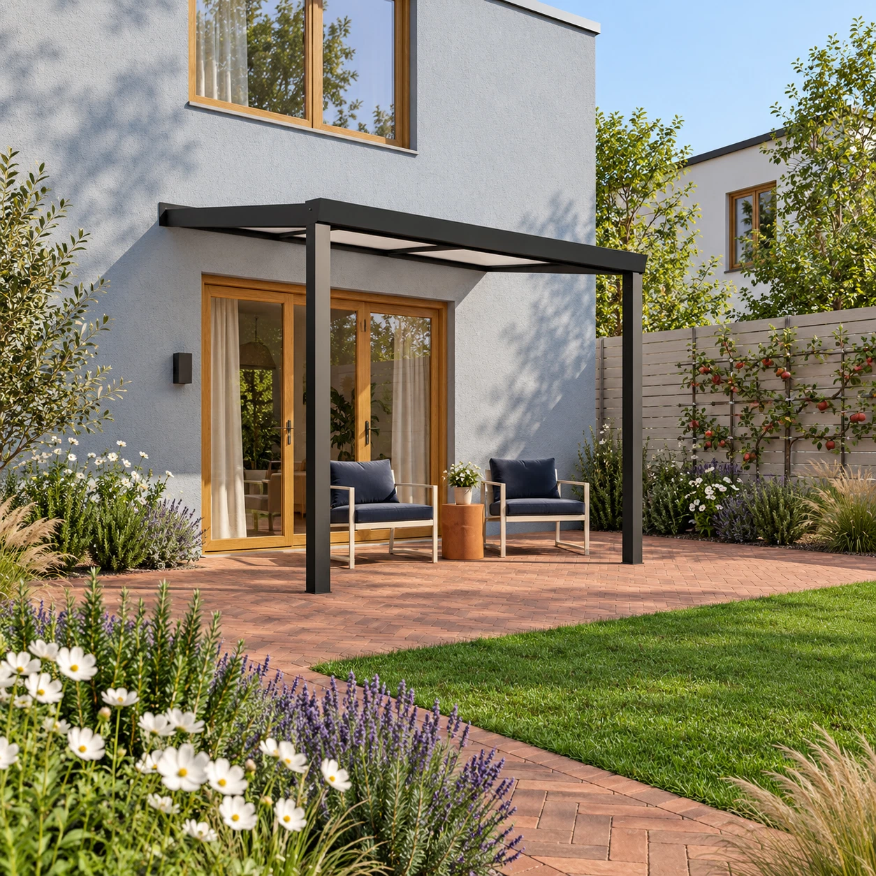 Terrassenüberdachung Plus 3 x 2,5 Meter Mattschwarz Opal Polycarbonat moderne Rinne – Gesamtansicht Terrassenüberdachung Plus 3 x 2,5 Meter Mattschwarz Opal Polycarbonat moderne Rinne – Gesamtansicht