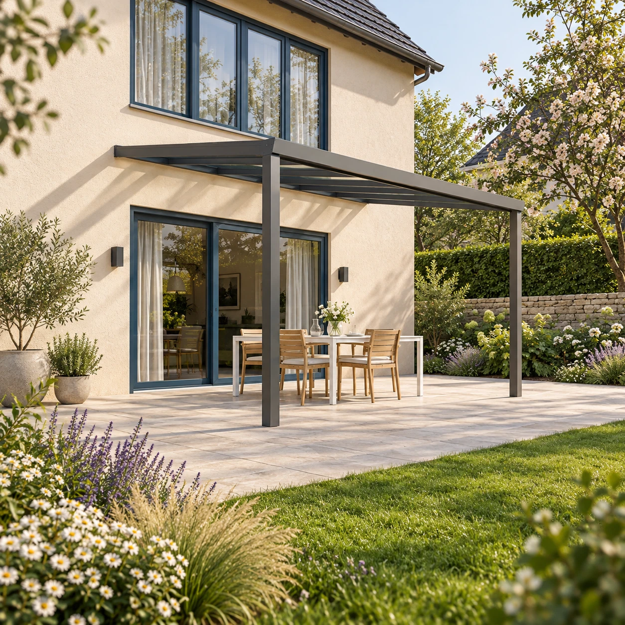 Terrassenüberdachung Plus 5 x 4 Meter Anthrazit Klarglas moderne Rinne – Gesamtansicht Terrassenüberdachung Plus 5 x 4 Meter Anthrazit Klarglas moderne Rinne – Gesamtansicht
