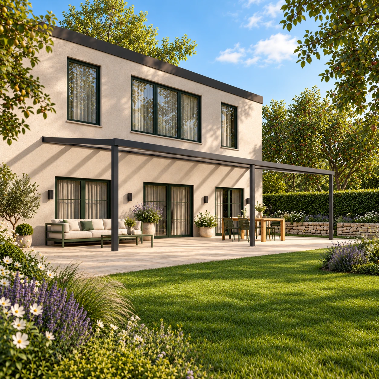 Terrassenüberdachung Plus 10 x 4 Meter Anthrazit opales Polycarbonat moderne Rinne – Gesamtansicht Terrassenüberdachung Plus 10 x 4 Meter Anthrazit opales Polycarbonat moderne Rinne – Gesamtansicht