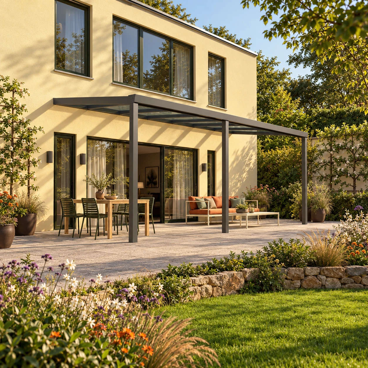 Terrassenüberdachung Plus 7 x 3,5 Meter Anthrazit klares Glas moderne Rinne – Gesamtansicht Terrassenüberdachung Plus 7 x 3,5 Meter Anthrazit klares Glas moderne Rinne – Gesamtansicht