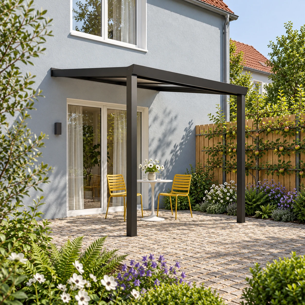 Terrassenüberdachung Plus 3 x 3 Meter Mattschwarz opales Polycarbonat moderne Rinne – Gesamtansicht Terrassenüberdachung Plus 3 x 3 Meter Mattschwarz opales Polycarbonat moderne Rinne – Gesamtansicht