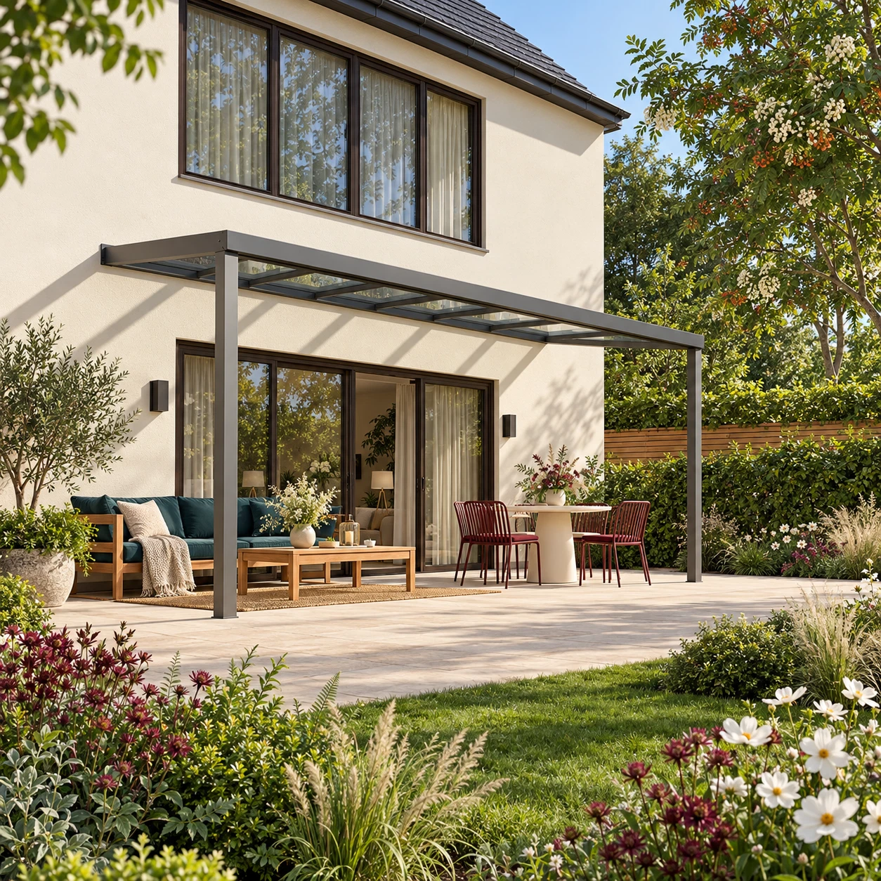 Terrassenüberdachung Plus 6 x 2,5 Meter Anthrazit klares Glas moderne Rinne – Gesamtansicht Terrassenüberdachung Plus 6 x 2,5 Meter Anthrazit klares Glas moderne Rinne – Gesamtansicht