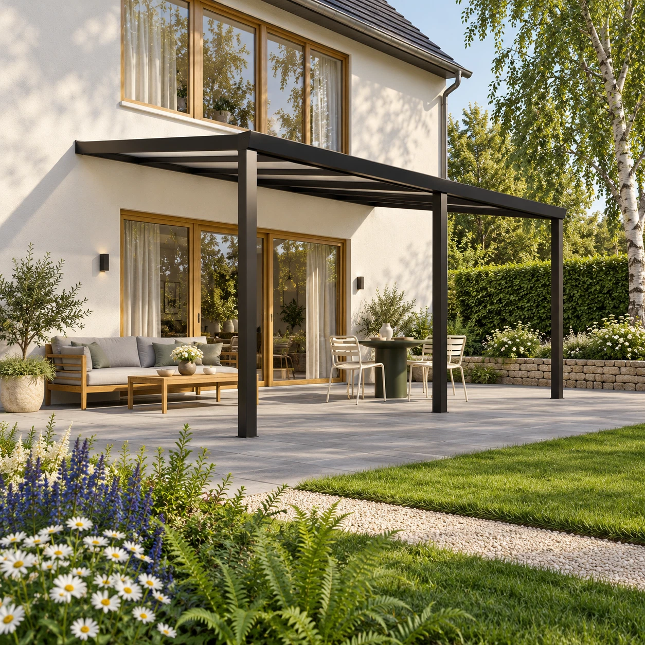 Terrassenüberdachung Plus 6 x 4 Meter Mattschwarz opales Polycarbonat moderne Rinne – Gesamtansicht Terrassenüberdachung Plus 6 x 4 Meter Mattschwarz opales Polycarbonat moderne Rinne – Gesamtansicht