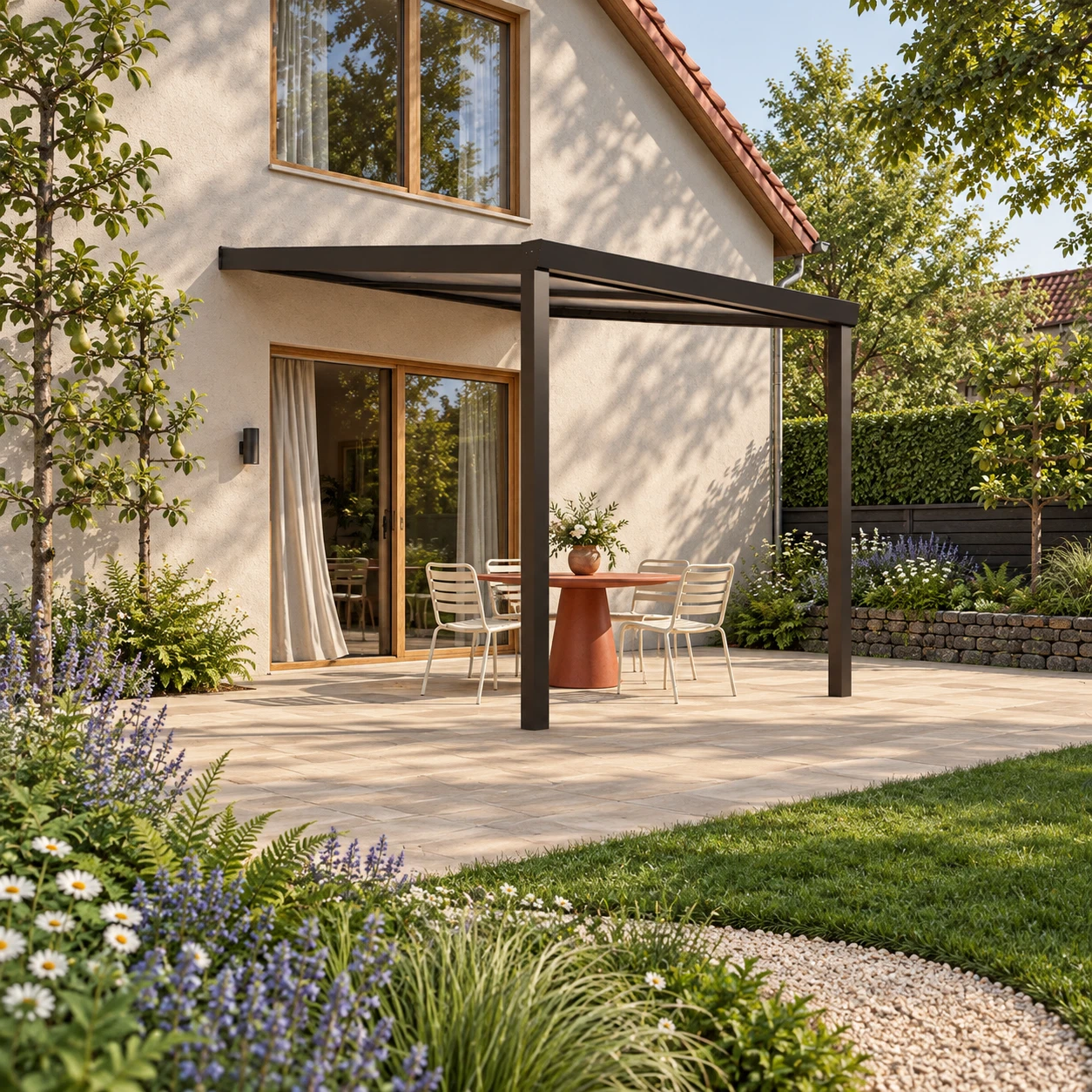Terrassenüberdachung Plus 3 x 4 Meter Mattschwarz opales Polycarbonat moderne Rinne – Gesamtansicht Terrassenüberdachung Plus 3 x 4 Meter Mattschwarz opales Polycarbonat moderne Rinne – Gesamtansicht