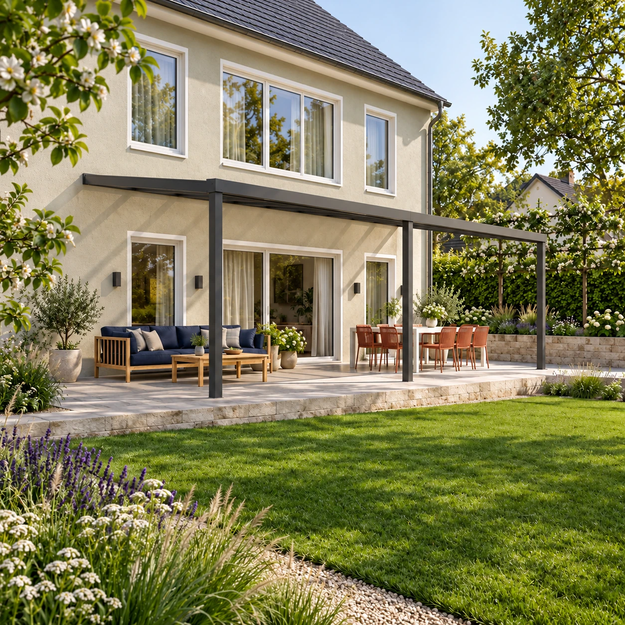 Terrassenüberdachung Plus 9 x 4 Meter Anthrazit opales Polycarbonat moderne Rinne – Gesamtansicht Terrassenüberdachung Plus 9 x 4 Meter Anthrazit opales Polycarbonat moderne Rinne – Gesamtansicht