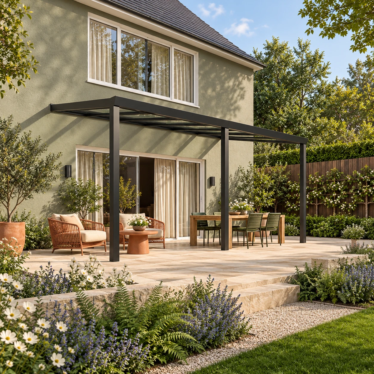 Terrassenüberdachung Plus 6 x 3 Meter Mattschwarz klares Glas moderne Rinne – Gesamtansicht Terrassenüberdachung Plus 6 x 3 Meter Mattschwarz klares Glas moderne Rinne – Gesamtansicht