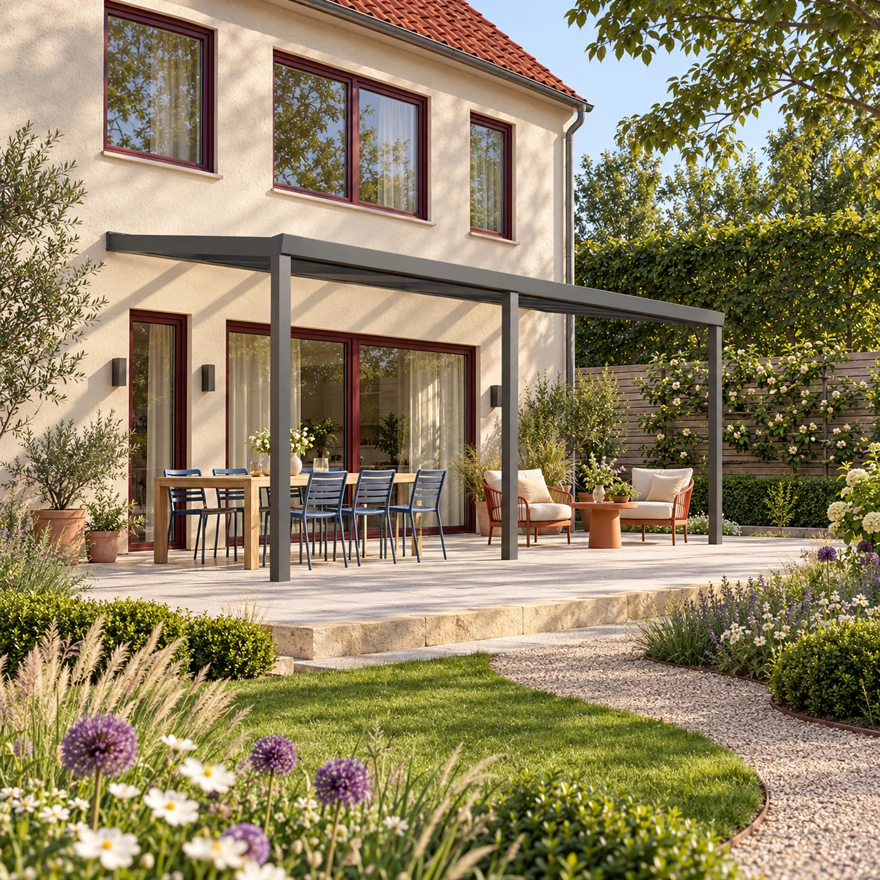 Terrassenüberdachung Plus 7 x 3 Meter Anthrazit klares Glas moderne Rinne – Gesamtansicht Terrassenüberdachung Plus 7 x 3 Meter Anthrazit klares Glas moderne Rinne – Gesamtansicht