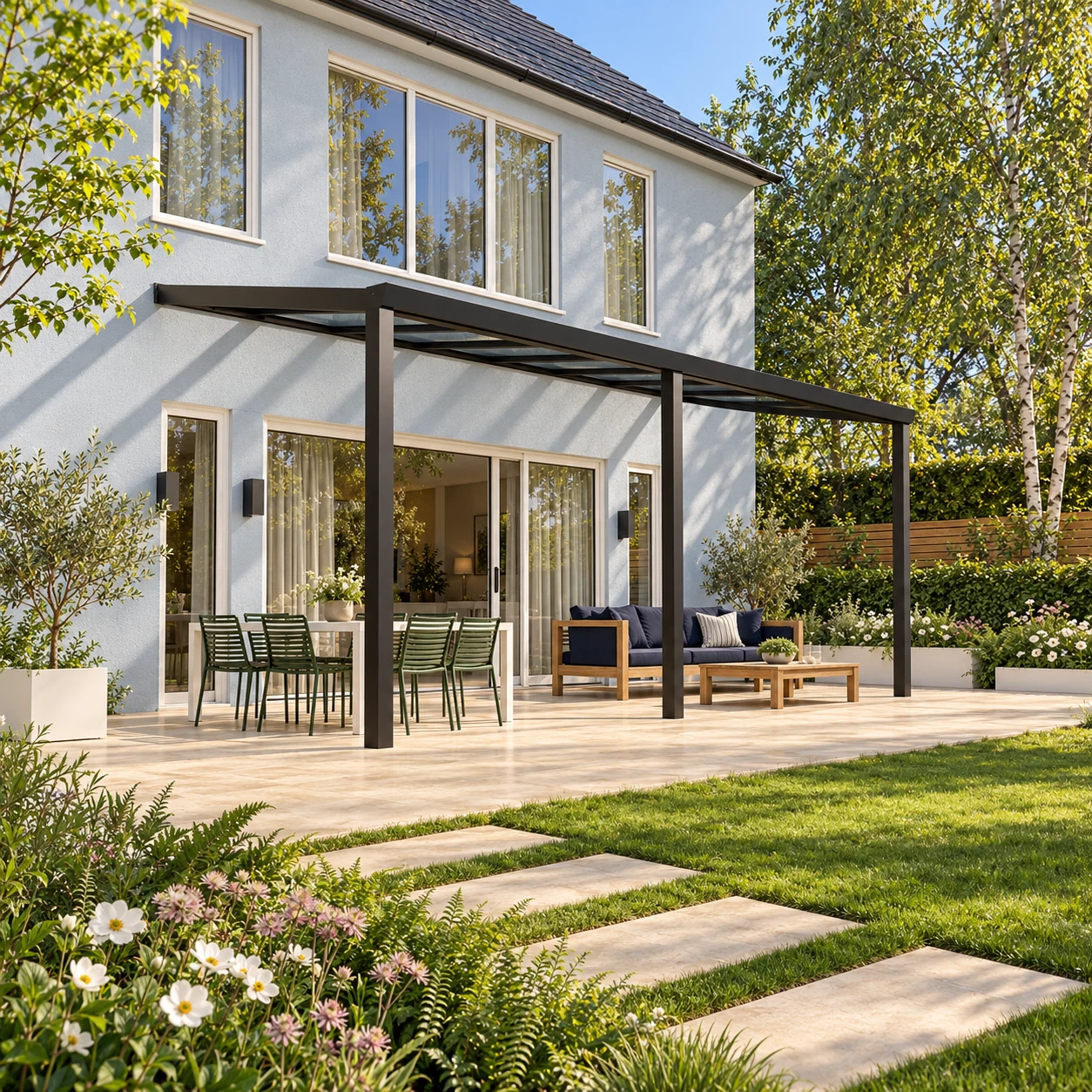Terrassenüberdachung Plus 7 x 3,5 Meter Mattschwarz klares Glas moderne Rinne – Gesamtansicht Terrassenüberdachung Plus 7 x 3,5 Meter Mattschwarz klares Glas moderne Rinne – Gesamtansicht