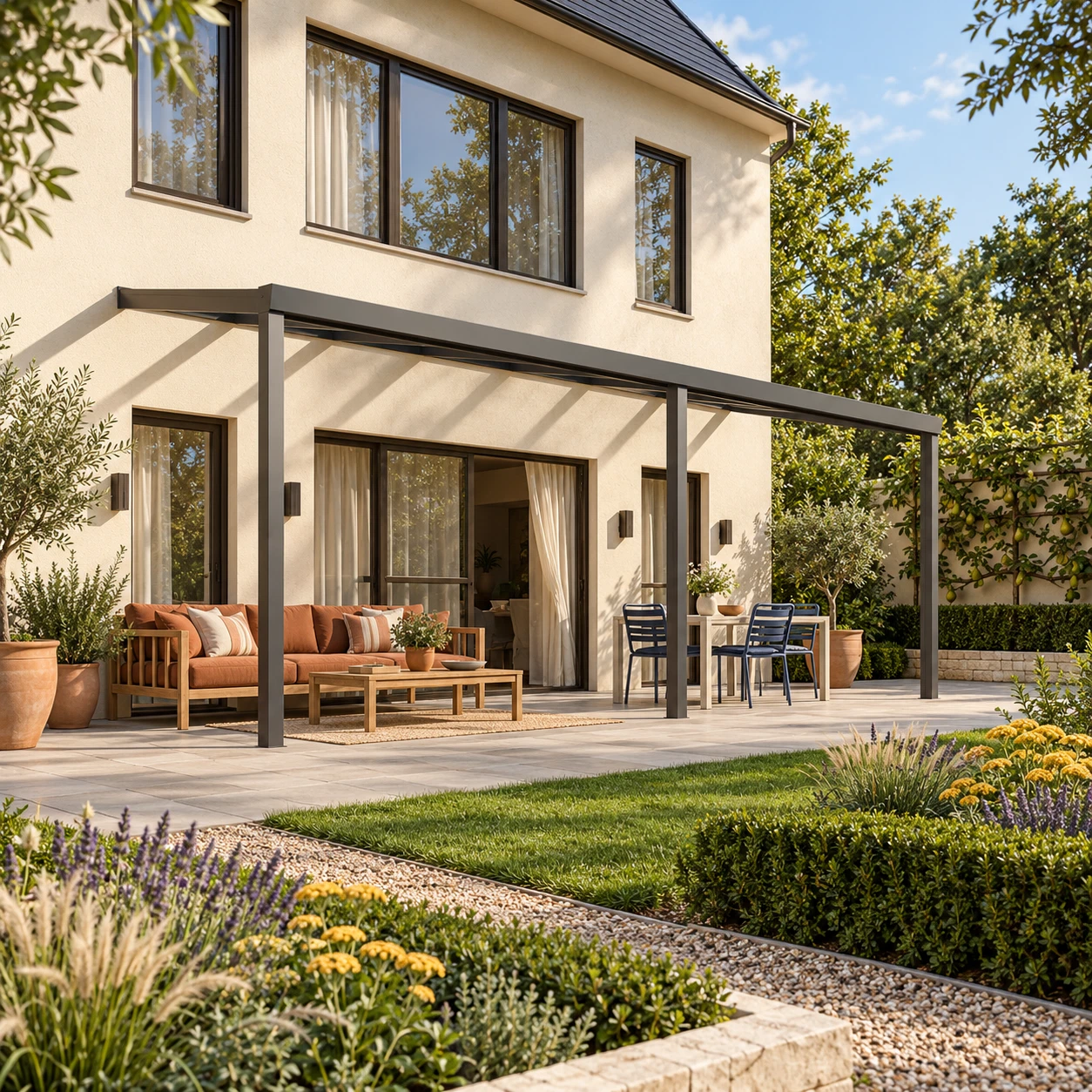 Terrassenüberdachung Plus 8 x 2,5 Meter Anthrazit klares Glas moderne Rinne – Gesamtansicht Terrassenüberdachung Plus 8 x 2,5 Meter Anthrazit klares Glas moderne Rinne – Gesamtansicht