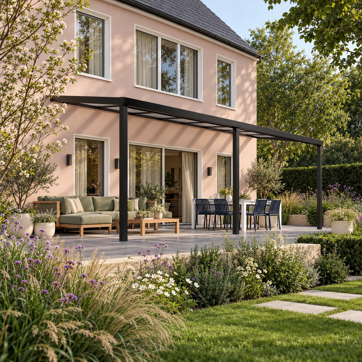 Terrassenüberdachung Plus 9 x 4 Meter Mattschwarz opales Polycarbonat moderne Rinne – Gesamtansicht Terrassenüberdachung Plus 9 x 4 Meter Mattschwarz opales Polycarbonat moderne Rinne – Gesamtansicht