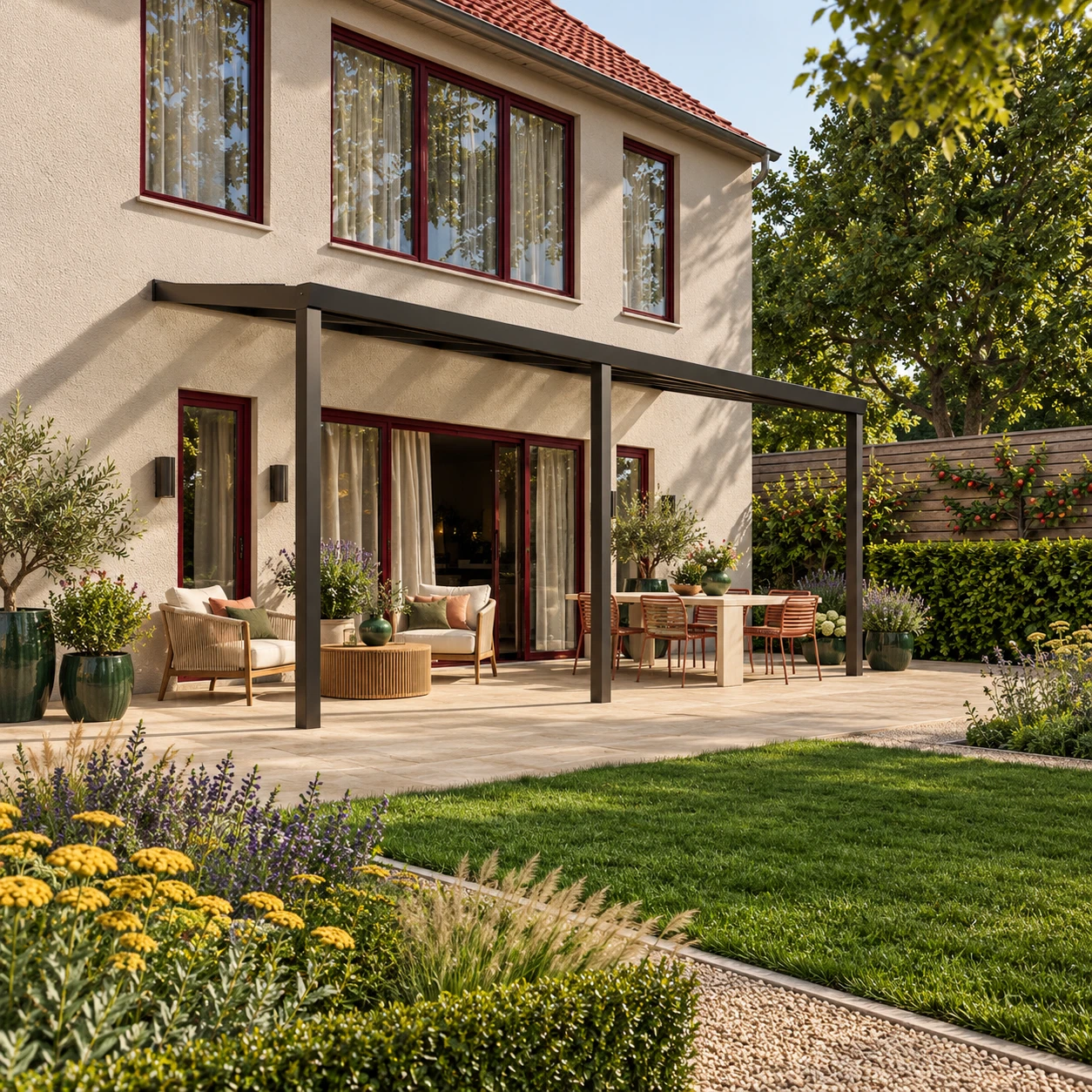Terrassenüberdachung Plus 7 x 2,5 Meter Mattschwarz opales Polycarbonat moderne Rinne – Gesamtansicht Terrassenüberdachung Plus 7 x 2,5 Meter Mattschwarz opales Polycarbonat moderne Rinne – Gesamtansicht