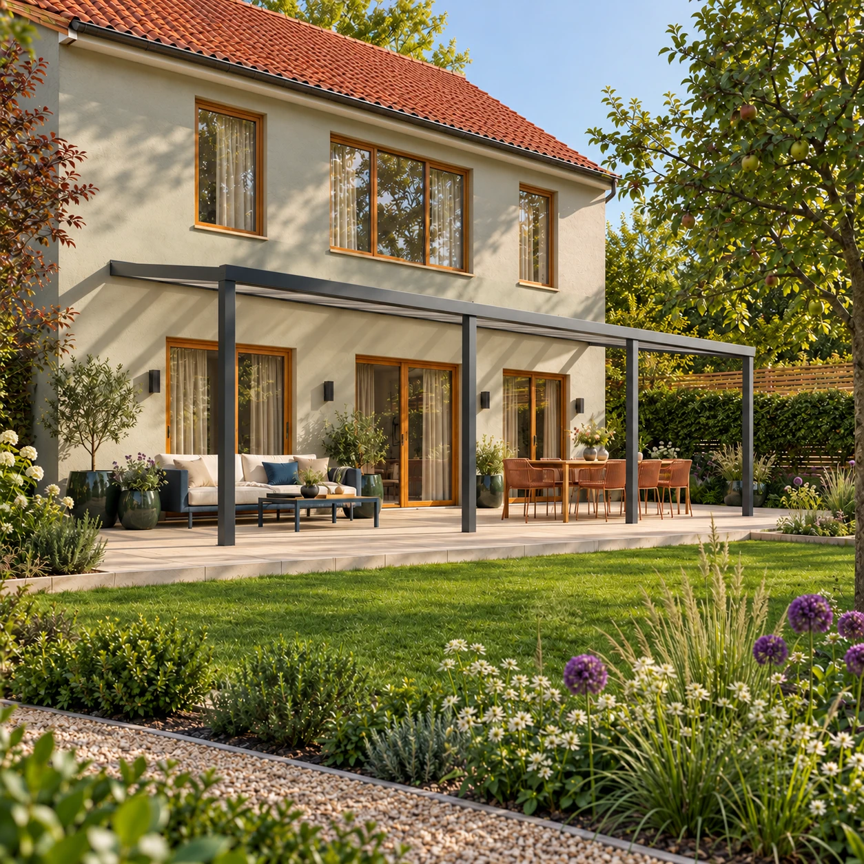 Terrassenüberdachung Plus 11 x 3,5 Meter Anthrazit opales Polycarbonat moderne Rinne – Gesamtansicht Terrassenüberdachung Plus 11 x 3,5 Meter Anthrazit opales Polycarbonat moderne Rinne – Gesamtansicht