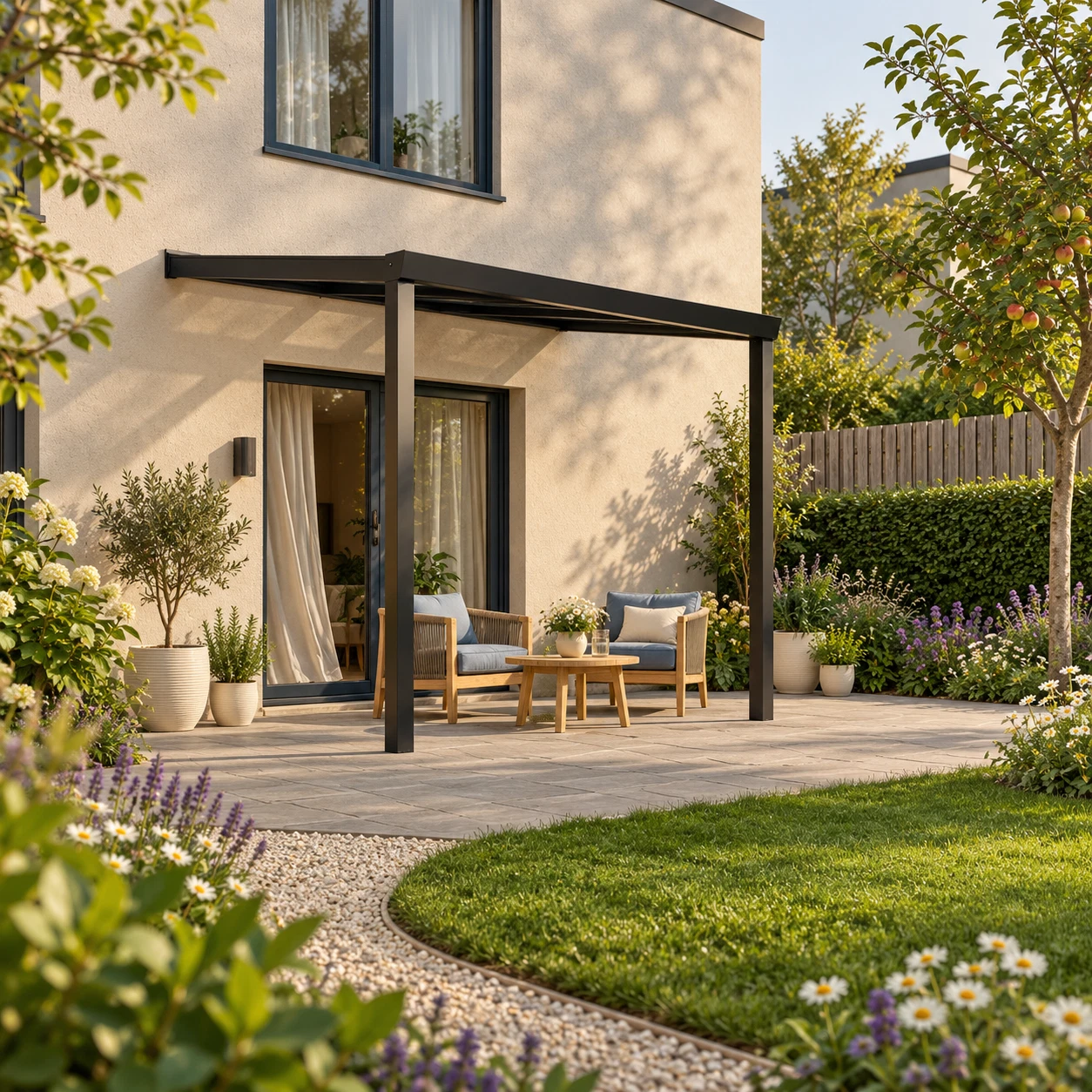 Terrassenüberdachung Plus 3 x 2,5 Meter Mattschwarz Klarglas moderne Rinne – Gesamtansicht Terrassenüberdachung Plus 3 x 2,5 Meter Mattschwarz Klarglas moderne Rinne – Gesamtansicht