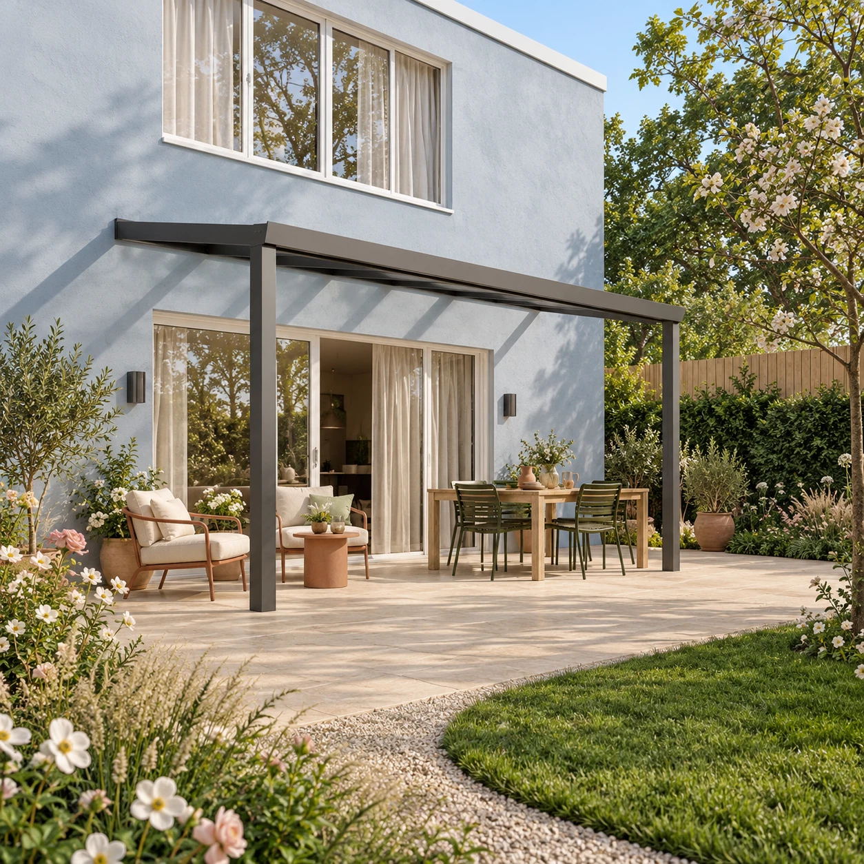 Terrassenüberdachung Plus 5 x 2,5 Meter Anthrazit Klarglas moderne Rinne – Gesamtansicht Terrassenüberdachung Plus 5 x 2,5 Meter Anthrazit Klarglas moderne Rinne – Gesamtansicht