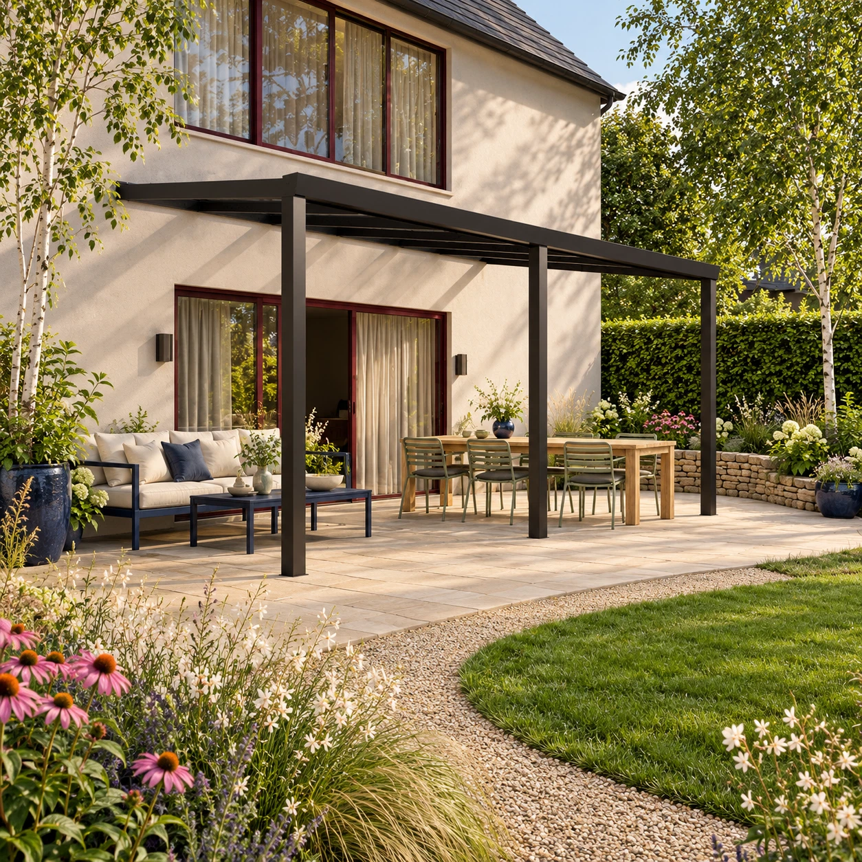 Terrassenüberdachung Plus 6 x 3,5 Meter Mattschwarz Klarglas moderne Rinne – Gesamtansicht Terrassenüberdachung Plus 6 x 3,5 Meter Mattschwarz Klarglas moderne Rinne – Gesamtansicht