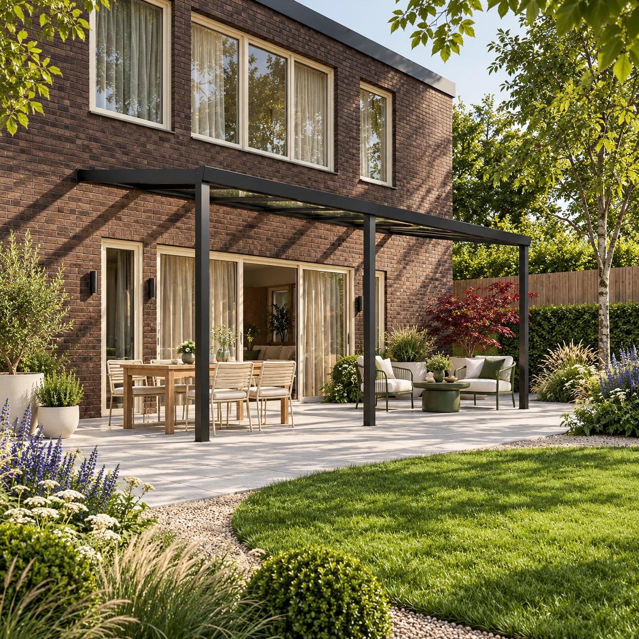 Terrassenüberdachung Plus 7,03 x 3,0 Meter Mattschwarz Klarglas moderne Rinne – Gesamtansicht Terrassenüberdachung Plus 7,03 x 3,0 Meter Mattschwarz Klarglas moderne Rinne – Gesamtansicht