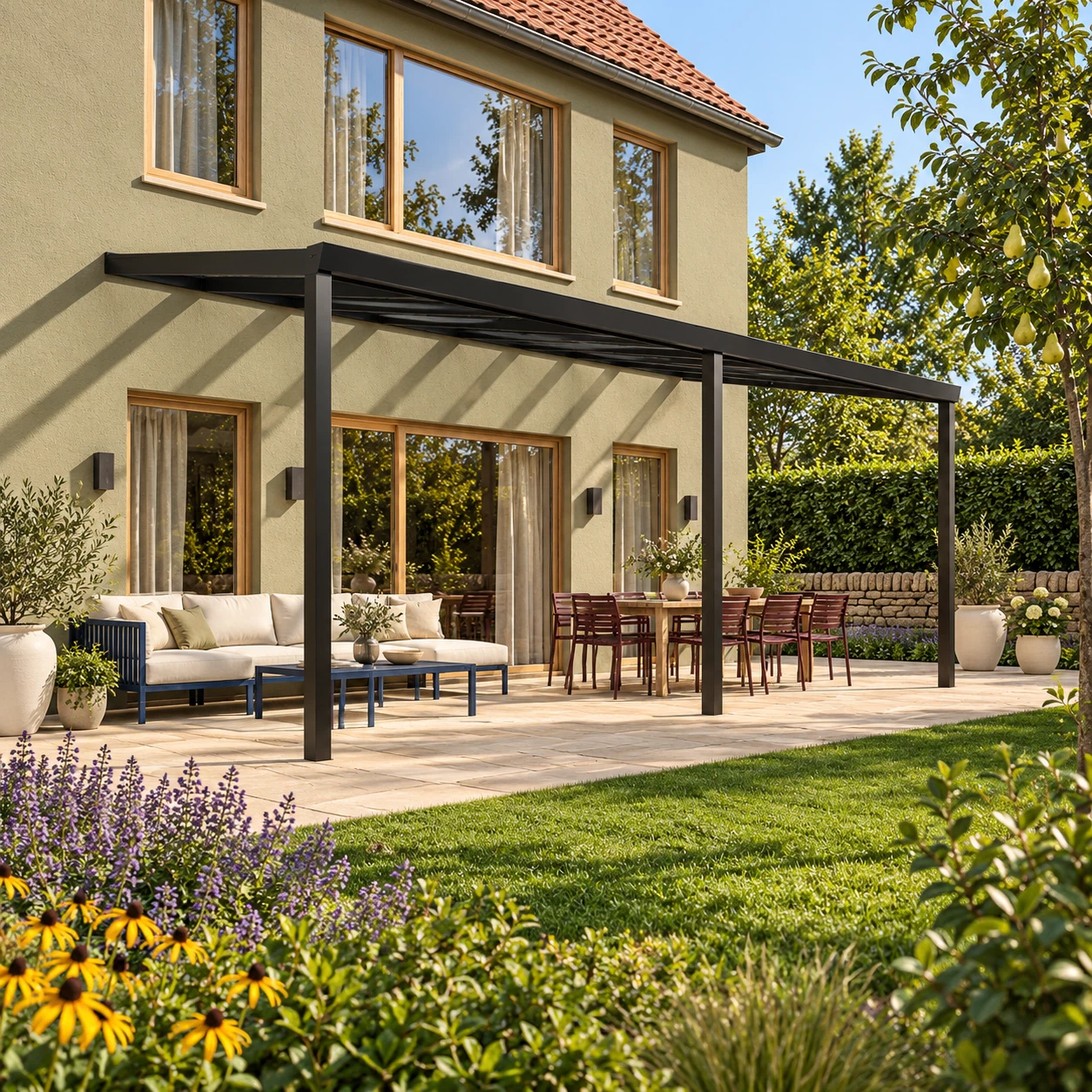 Terrassenüberdachung Plus 8,03 x 3,5 Meter Mattschwarz Klarglas moderne Rinne – Gesamtansicht Terrassenüberdachung Plus 8,03 x 3,5 Meter Mattschwarz Klarglas moderne Rinne – Gesamtansicht