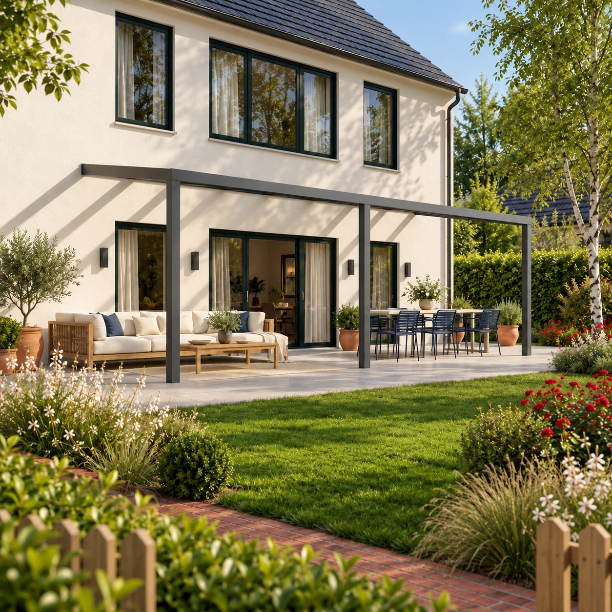 Terrassenüberdachung Plus 9,03 x 3,0 Meter Anthrazit Klarglas moderne Rinne – Gesamtansicht Terrassenüberdachung Plus 9,03 x 3,0 Meter Anthrazit Klarglas moderne Rinne – Gesamtansicht