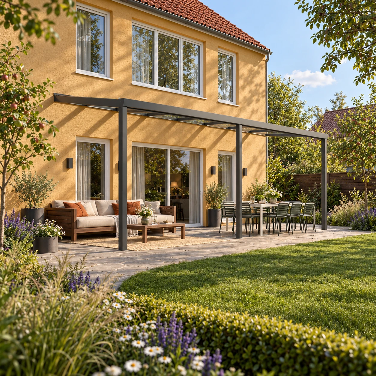 Terrassenüberdachung Plus 9,03 x 3,5 Meter Anthrazit Klarglas moderne Rinne – Gesamtansicht Terrassenüberdachung Plus 9,03 x 3,5 Meter Anthrazit Klarglas moderne Rinne – Gesamtansicht
