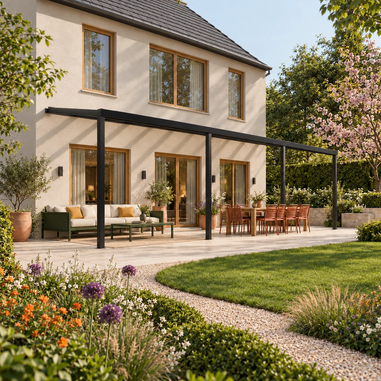 Terrassenüberdachung Plus 11,03 x 3,5 Meter Mattschwarz Opal-Polycarbonat moderne Rinne – Gesamtansicht Terrassenüberdachung Plus 11,03 x 3,5 Meter Mattschwarz Opal-Polycarbonat moderne Rinne – Gesamtansicht