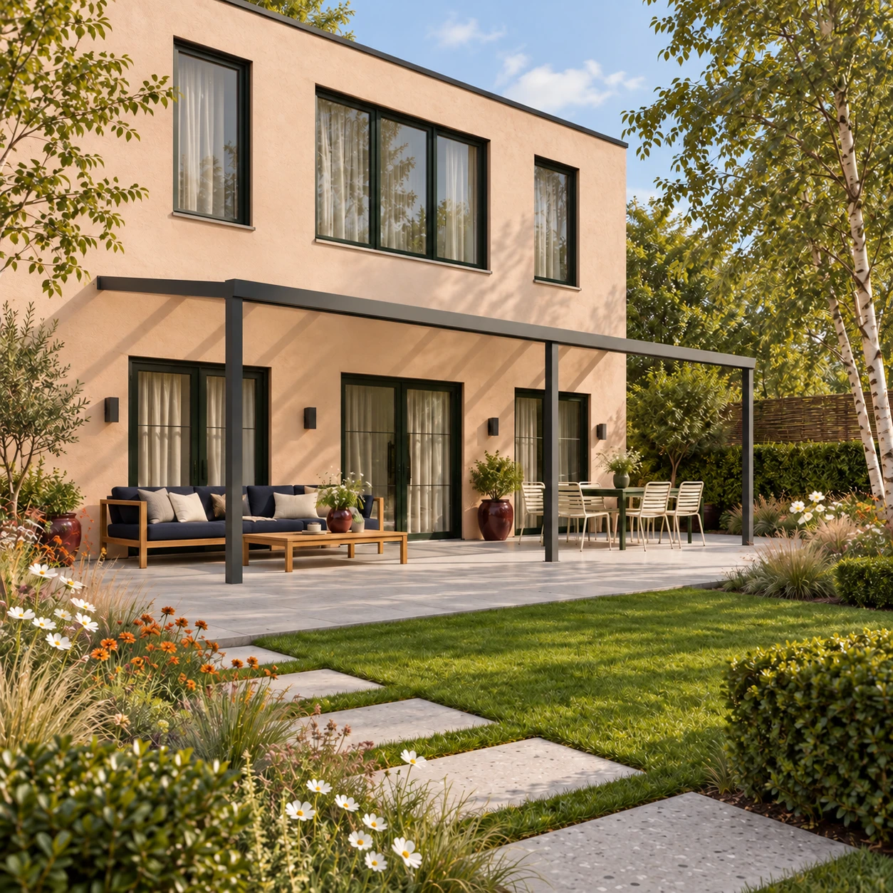 Terrassenüberdachung Plus 10,03 x 3,0 Meter Anthrazit Opal-Polycarbonat moderne Rinne – Gesamtansicht Terrassenüberdachung Plus 10,03 x 3,0 Meter Anthrazit Opal-Polycarbonat moderne Rinne – Gesamtansicht