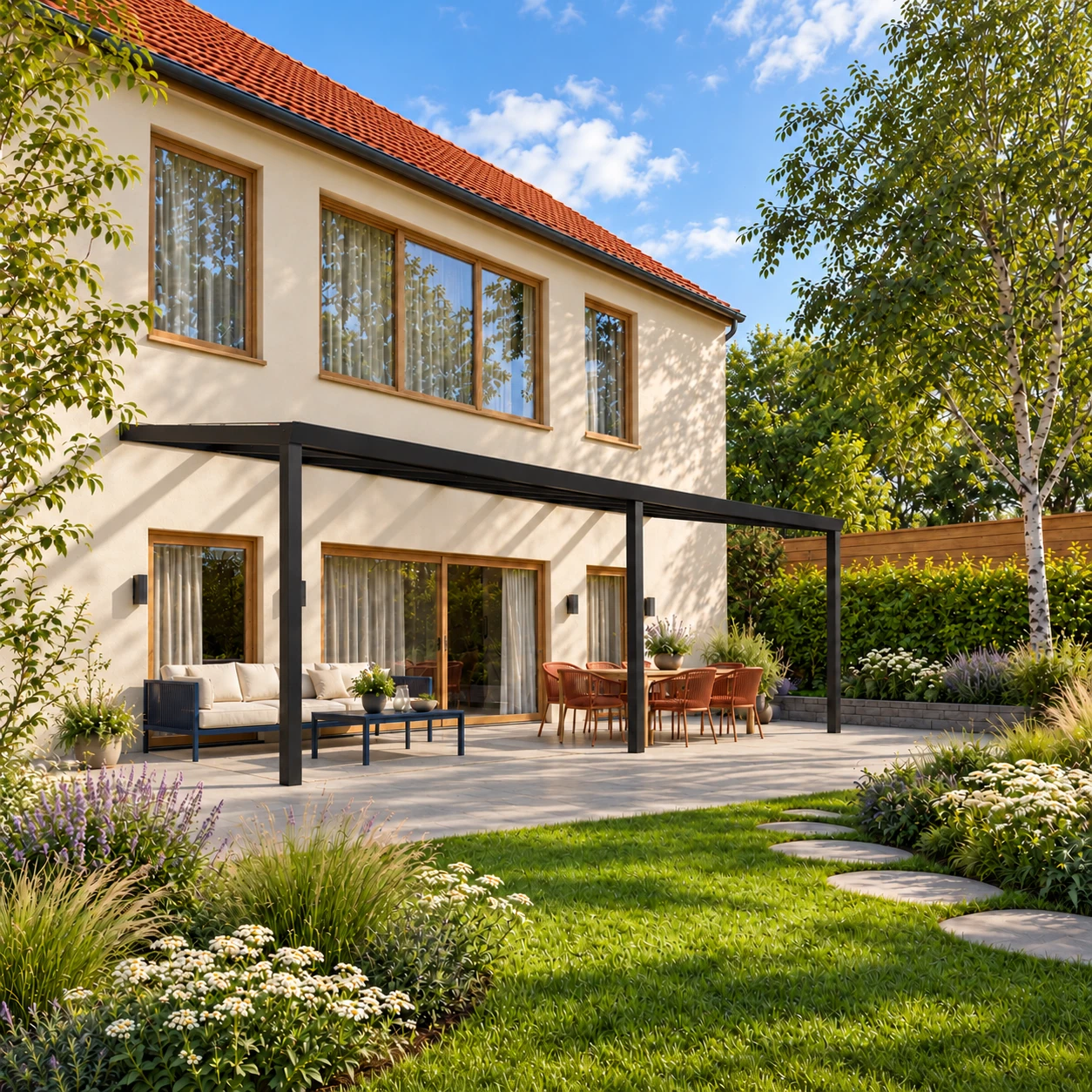 Terrassenüberdachung Plus 8,03 x 3 Meter Mattschwarz Klarglas moderne Rinne – Gesamtansicht Terrassenüberdachung Plus 8,03 x 3 Meter Mattschwarz Klarglas moderne Rinne – Gesamtansicht