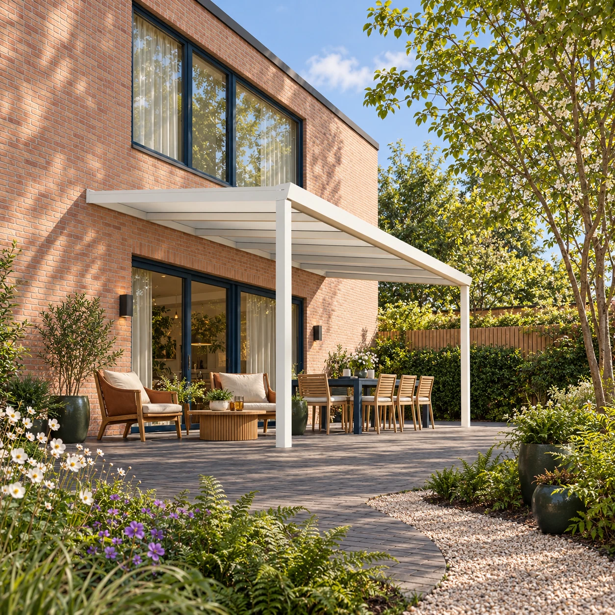 Terrassenüberdachung Plus 6,03 x 3 Meter Mattweiß Opal-Polycarbonat moderne Rinne – Gesamtansicht Terrassenüberdachung Plus 6,03 x 3 Meter Mattweiß Opal-Polycarbonat moderne Rinne – Gesamtansicht