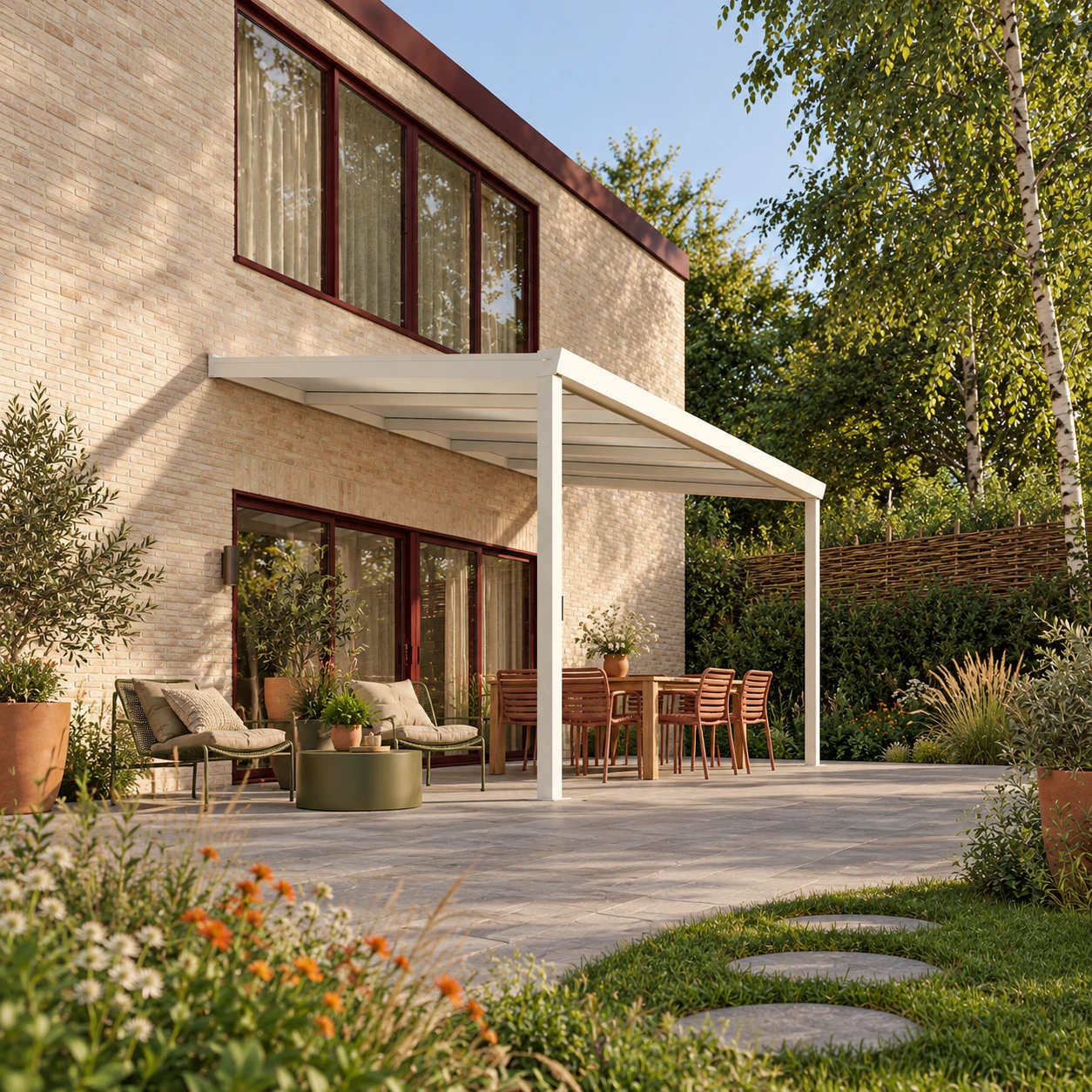 Terrassenüberdachung Plus 5,03 x 3 Meter Mattweiß Opal-Polycarbonat moderne Rinne – Gesamtansicht Terrassenüberdachung Plus 5,03 x 3 Meter Mattweiß Opal-Polycarbonat moderne Rinne – Gesamtansicht