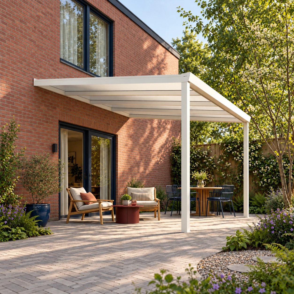 Terrassenüberdachung Plus 4,03 x 4 Meter Mattweiß Opal-Polycarbonat moderne Rinne – Gesamtansicht Terrassenüberdachung Plus 4,03 x 4 Meter Mattweiß Opal-Polycarbonat moderne Rinne – Gesamtansicht