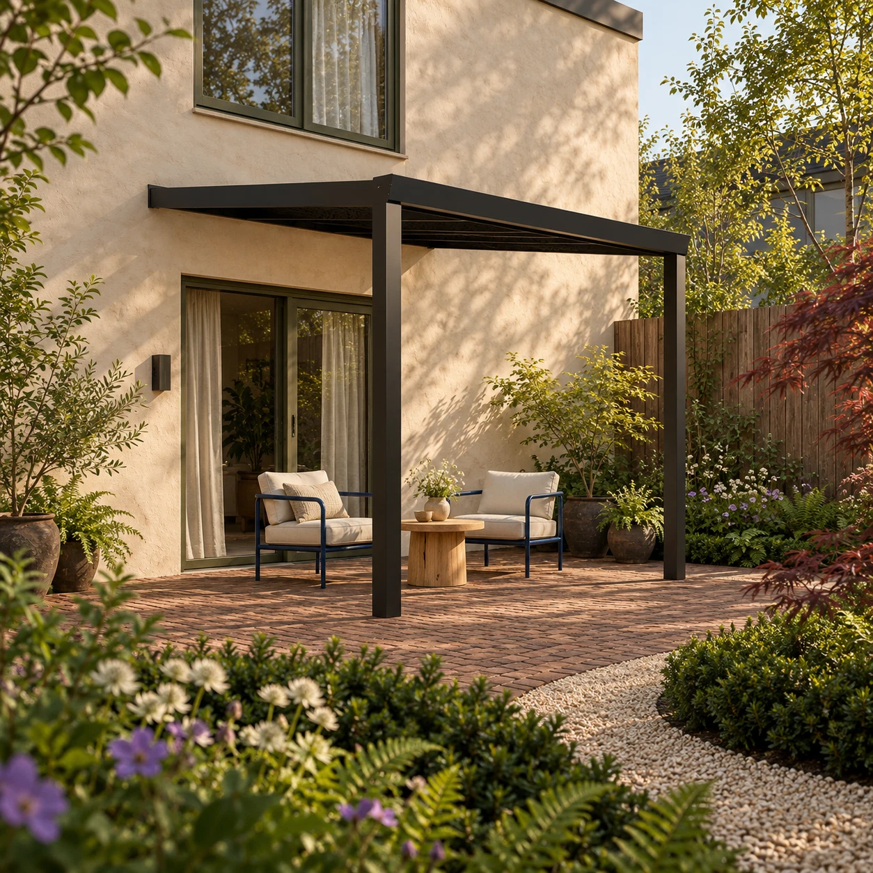 Terrassenüberdachung Plus 3,03 x 3,5 Meter Mattschwarz Klarglas moderne Rinne – Gesamtansicht Terrassenüberdachung Plus 3,03 x 3,5 Meter Mattschwarz Klarglas moderne Rinne – Gesamtansicht