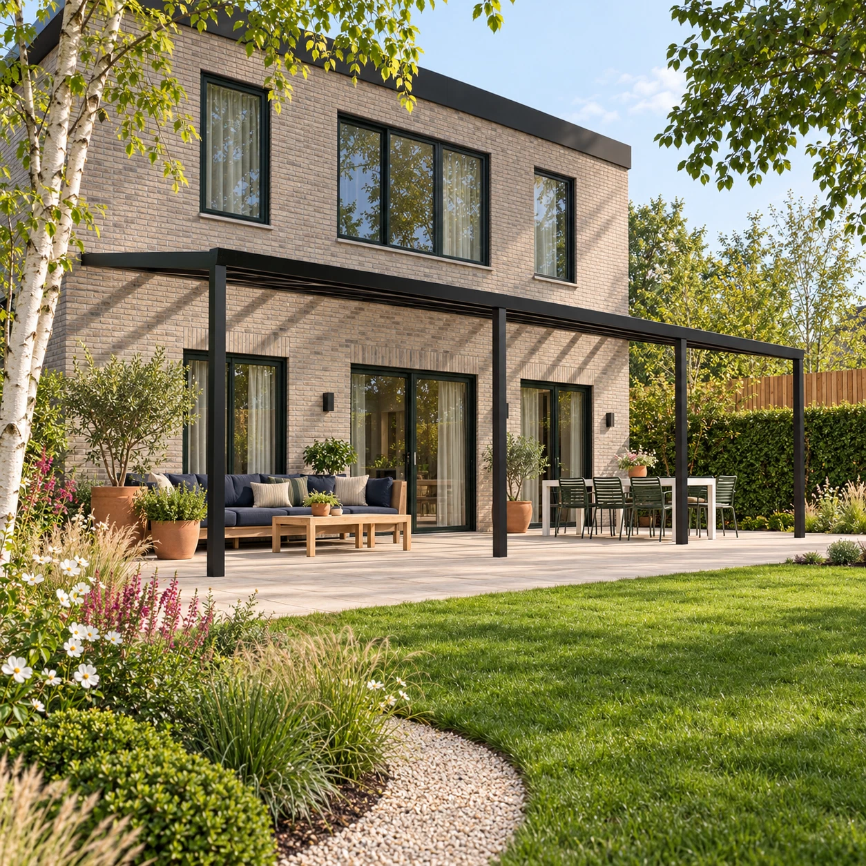 Terrassenüberdachung Plus 12,03 x 4 Meter Mattschwarz Opal-Polycarbonat moderne Rinne – Gesamtansicht Terrassenüberdachung Plus 12,03 x 4 Meter Mattschwarz Opal-Polycarbonat moderne Rinne – Gesamtansicht