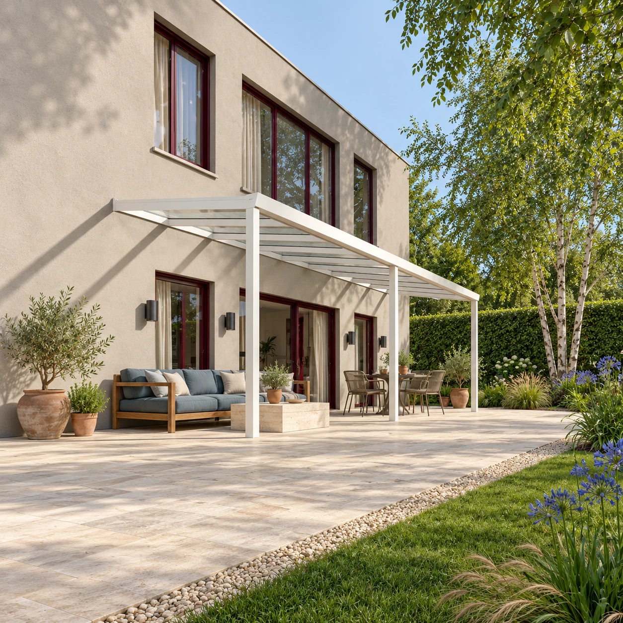 Terrassenüberdachung Plus 9,03 x 2,5 Meter Mattweiß Klarglas moderne Rinne – Gesamtansicht Terrassenüberdachung Plus 9,03 x 2,5 Meter Mattweiß Klarglas moderne Rinne – Gesamtansicht