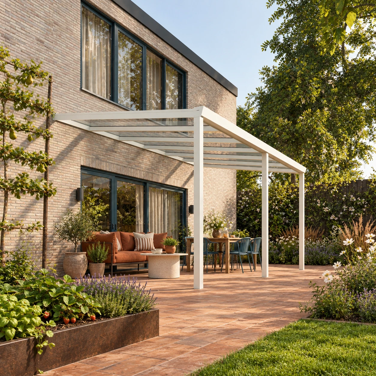 Terrassenüberdachung Plus 6,03 x 3,5 Meter Mattweiß Klarglas moderne Rinne – Gesamtansicht Terrassenüberdachung Plus 6,03 x 3,5 Meter Mattweiß Klarglas moderne Rinne – Gesamtansicht