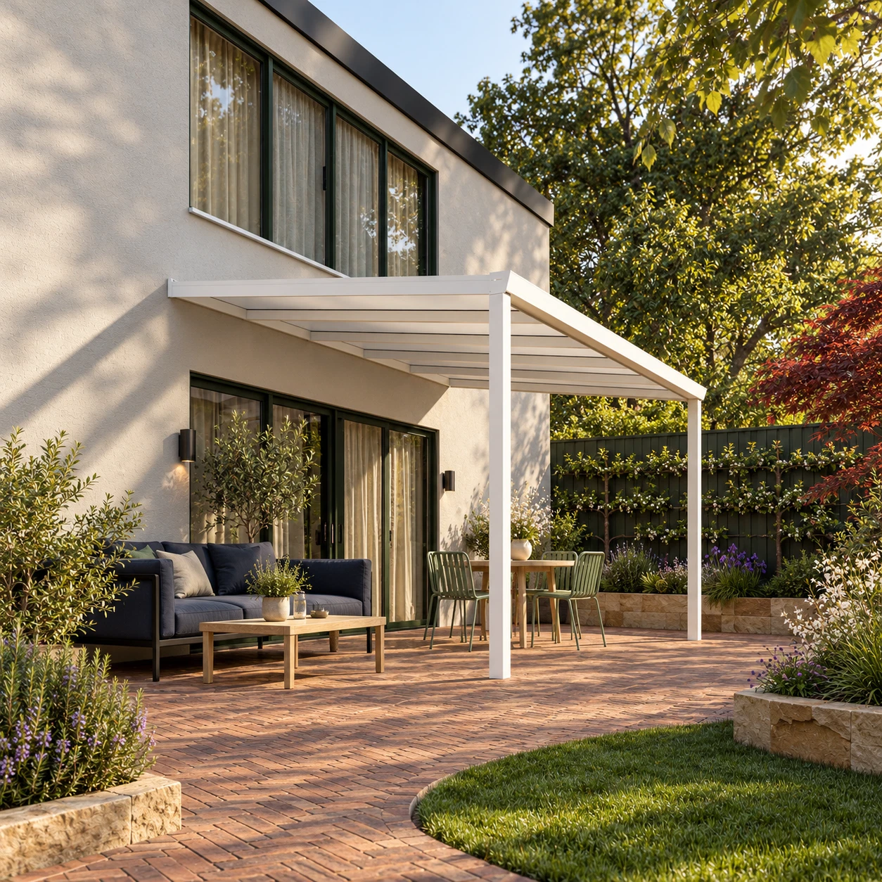 Terrassenüberdachung Plus 5,03 x 3,5 Meter Mattweiß Opal-Polycarbonat moderne Rinne – Gesamtansicht Terrassenüberdachung Plus 5,03 x 3,5 Meter Mattweiß Opal-Polycarbonat moderne Rinne – Gesamtansicht