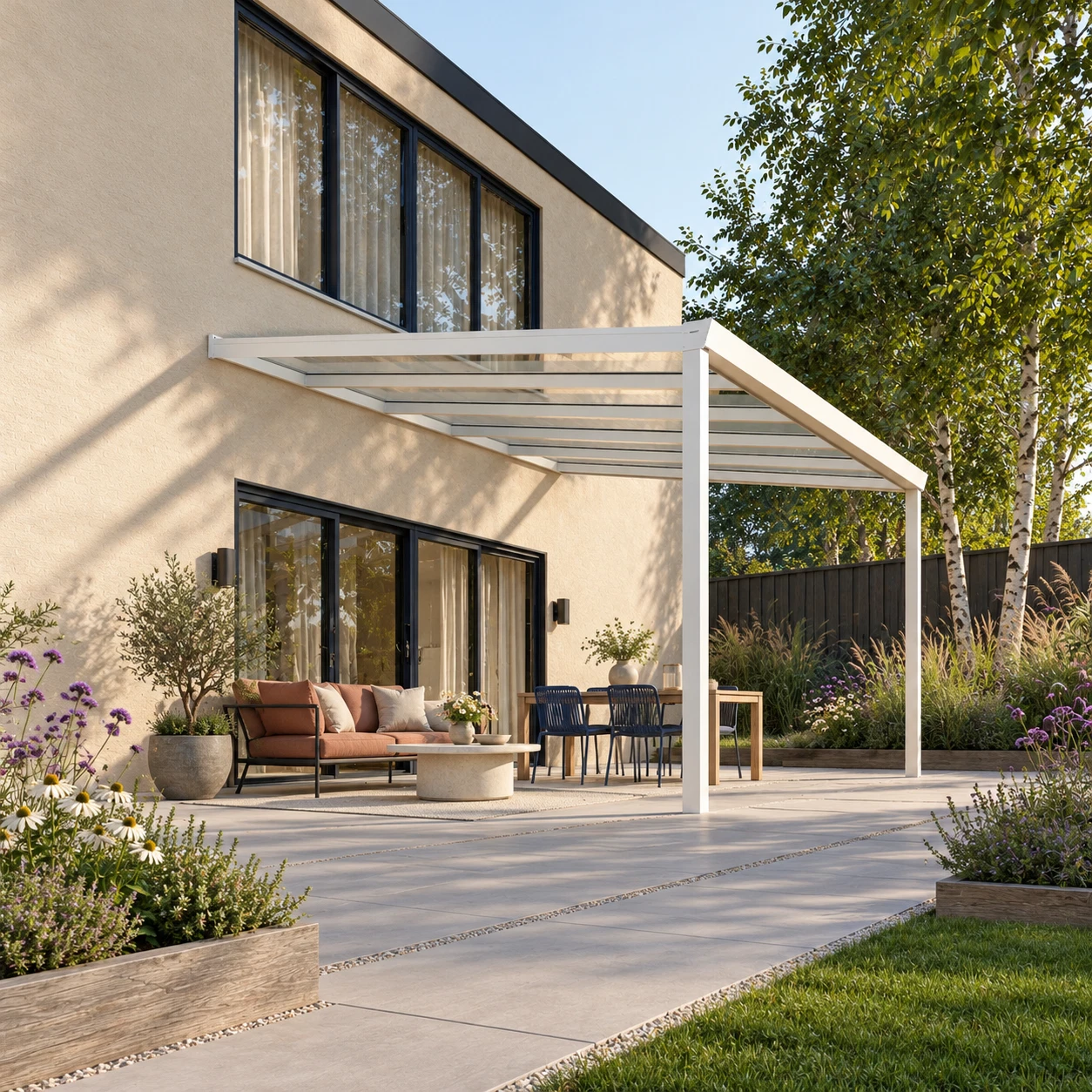 Terrassenüberdachung Plus 5,03 x 4 Meter Mattweiß Klarglas moderne Rinne – Gesamtansicht Terrassenüberdachung Plus 5,03 x 4 Meter Mattweiß Klarglas moderne Rinne – Gesamtansicht