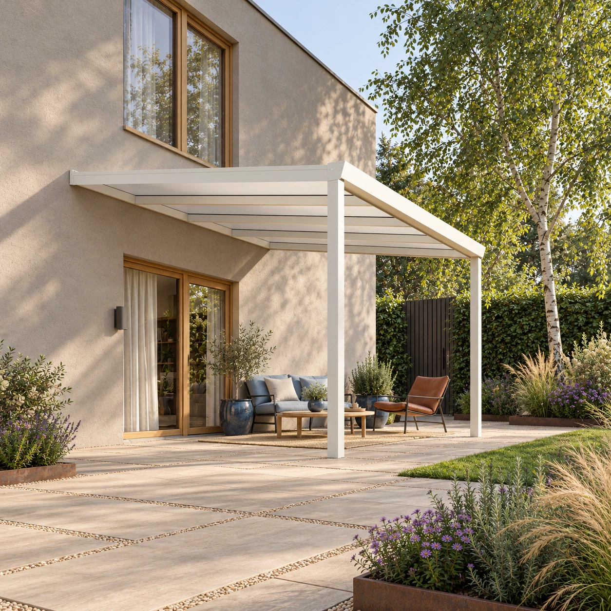 Terrassenüberdachung Plus 4,03 x 3,5 Meter Mattweiß Opal-Polycarbonat moderne Rinne – Gesamtansicht Terrassenüberdachung Plus 4,03 x 3,5 Meter Mattweiß Opal-Polycarbonat moderne Rinne – Gesamtansicht