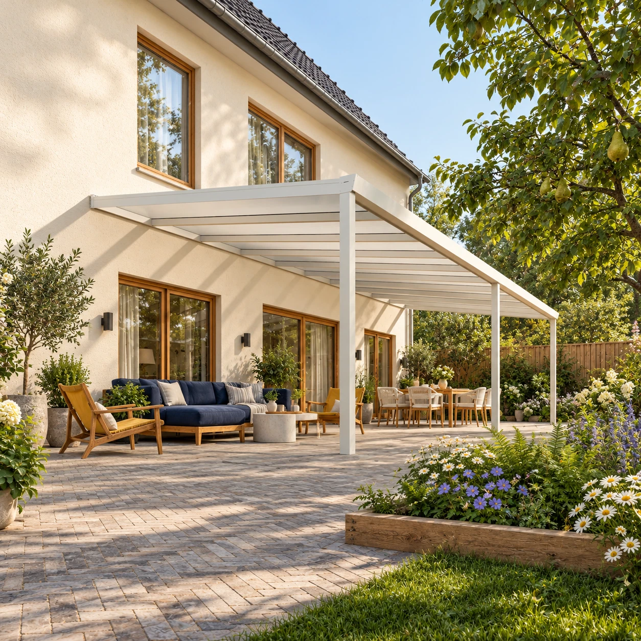 Terrassenüberdachung Plus 10,03 x 4 Meter Mattweiß Opal-Polycarbonat moderne Rinne – Gesamtansicht Terrassenüberdachung Plus 10,03 x 4 Meter Mattweiß Opal-Polycarbonat moderne Rinne – Gesamtansicht