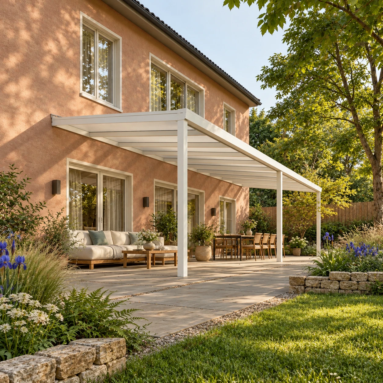 Terrassenüberdachung Plus 10,03 x 3,5 Meter Mattweiß Opal-Polycarbonat moderne Rinne – Gesamtansicht Terrassenüberdachung Plus 10,03 x 3,5 Meter Mattweiß Opal-Polycarbonat moderne Rinne – Gesamtansicht