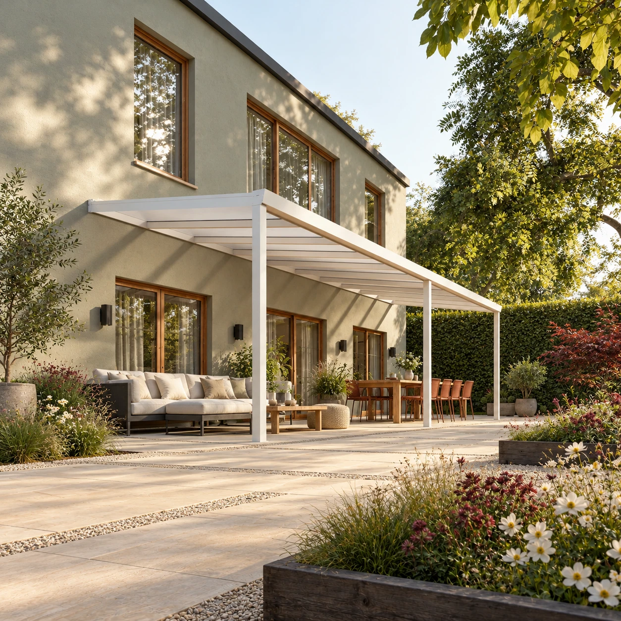 Terrassenüberdachung Plus 10,03 x 3,0 Meter Mattweiß Opal-Polycarbonat moderne Rinne – Gesamtansicht Terrassenüberdachung Plus 10,03 x 3,0 Meter Mattweiß Opal-Polycarbonat moderne Rinne – Gesamtansicht