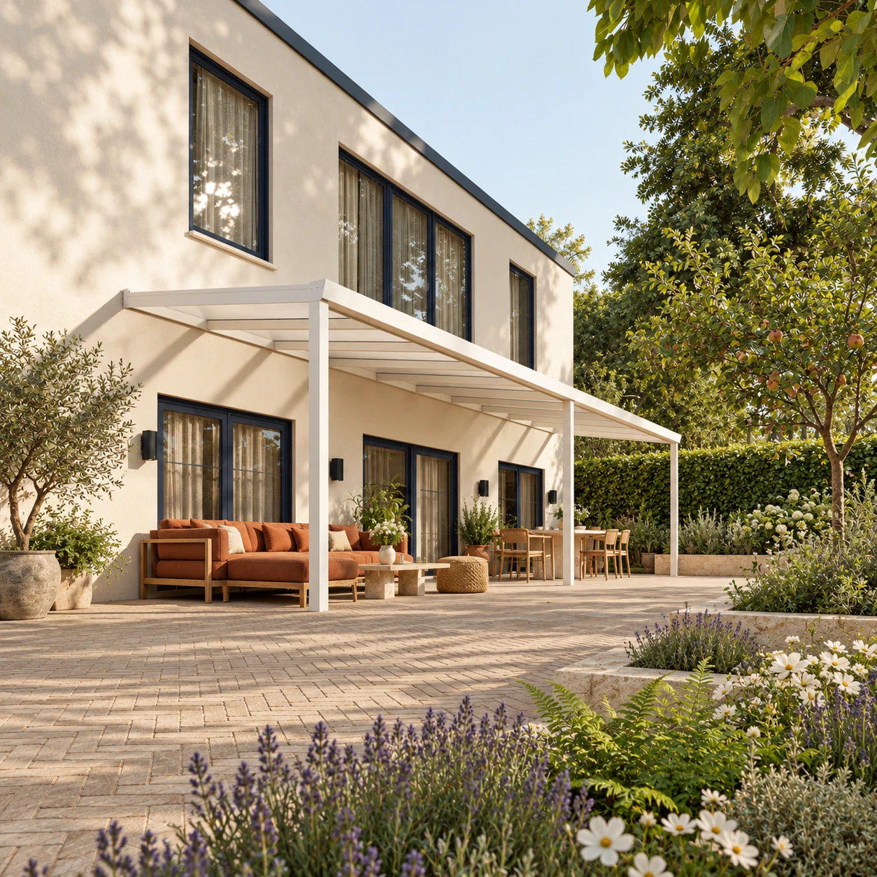 Terrassenüberdachung Plus 10,03 x 2,5 Meter Mattweiß Opal-Polycarbonat moderne Rinne – Gesamtansicht Terrassenüberdachung Plus 10,03 x 2,5 Meter Mattweiß Opal-Polycarbonat moderne Rinne – Gesamtansicht