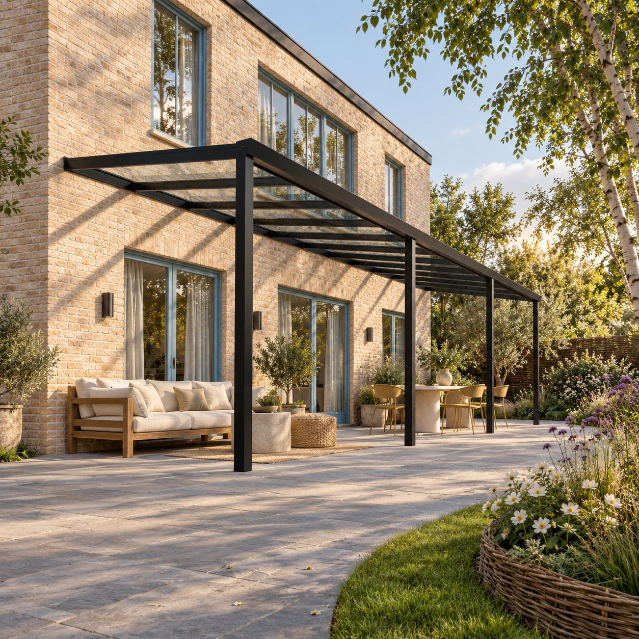 Terrassenüberdachung Plus 11,03 x 3 Meter Mattschwarz Klarglas moderne Rinne – Gesamtansicht Terrassenüberdachung Plus 11,03 x 3 Meter Mattschwarz Klarglas moderne Rinne – Gesamtansicht