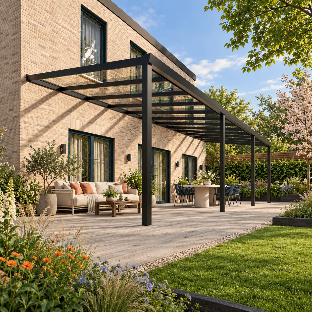 Terrassenüberdachung Plus 12,03 x 4 Meter Mattschwarz Klarglas moderne Rinne – Gesamtansicht Terrassenüberdachung Plus 12,03 x 4 Meter Mattschwarz Klarglas moderne Rinne – Gesamtansicht