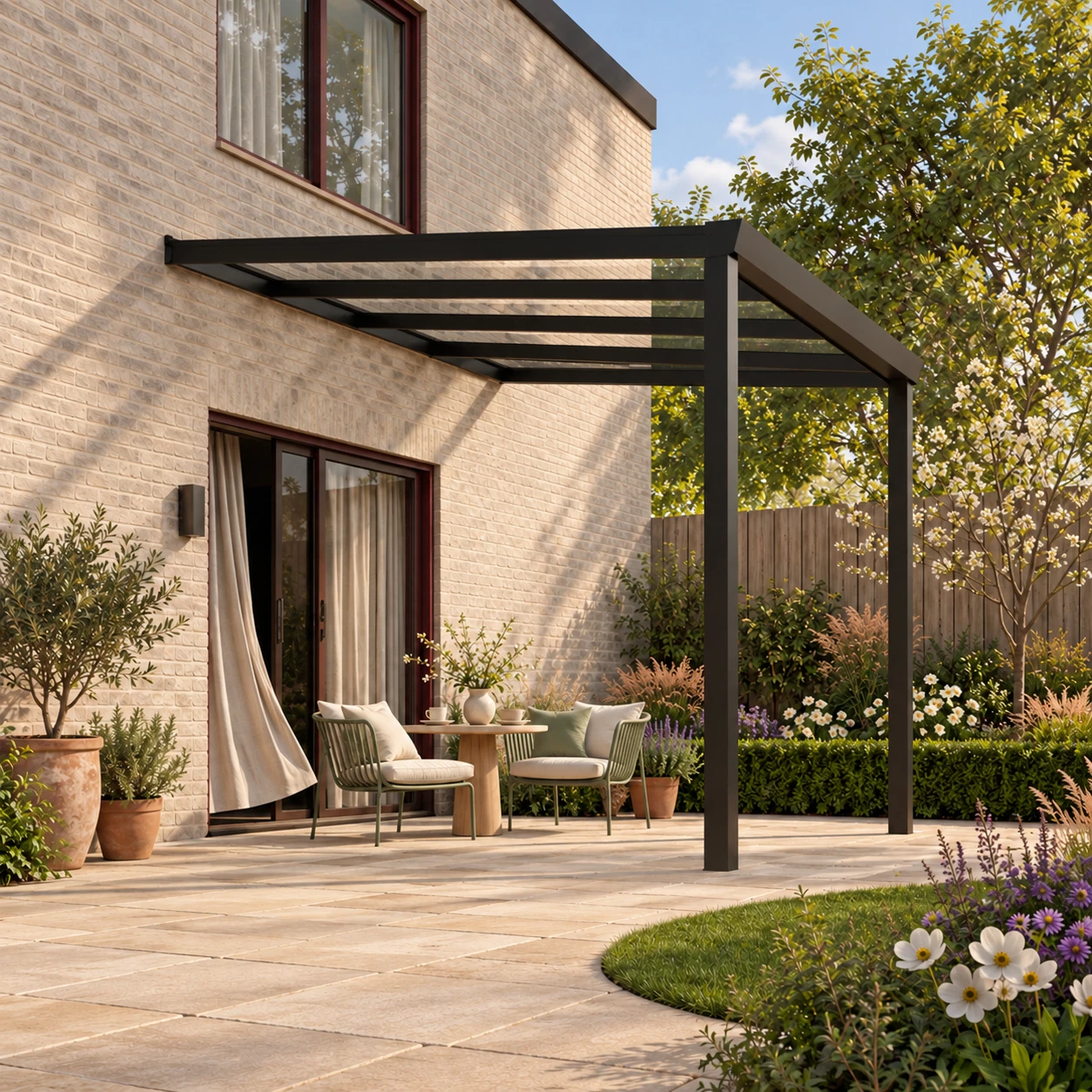 Terrassenüberdachung Plus 3,03 x 4 Meter Mattschwarz Klarglas moderne Rinne – Gesamtansicht Terrassenüberdachung Plus 3,03 x 4 Meter Mattschwarz Klarglas moderne Rinne – Gesamtansicht