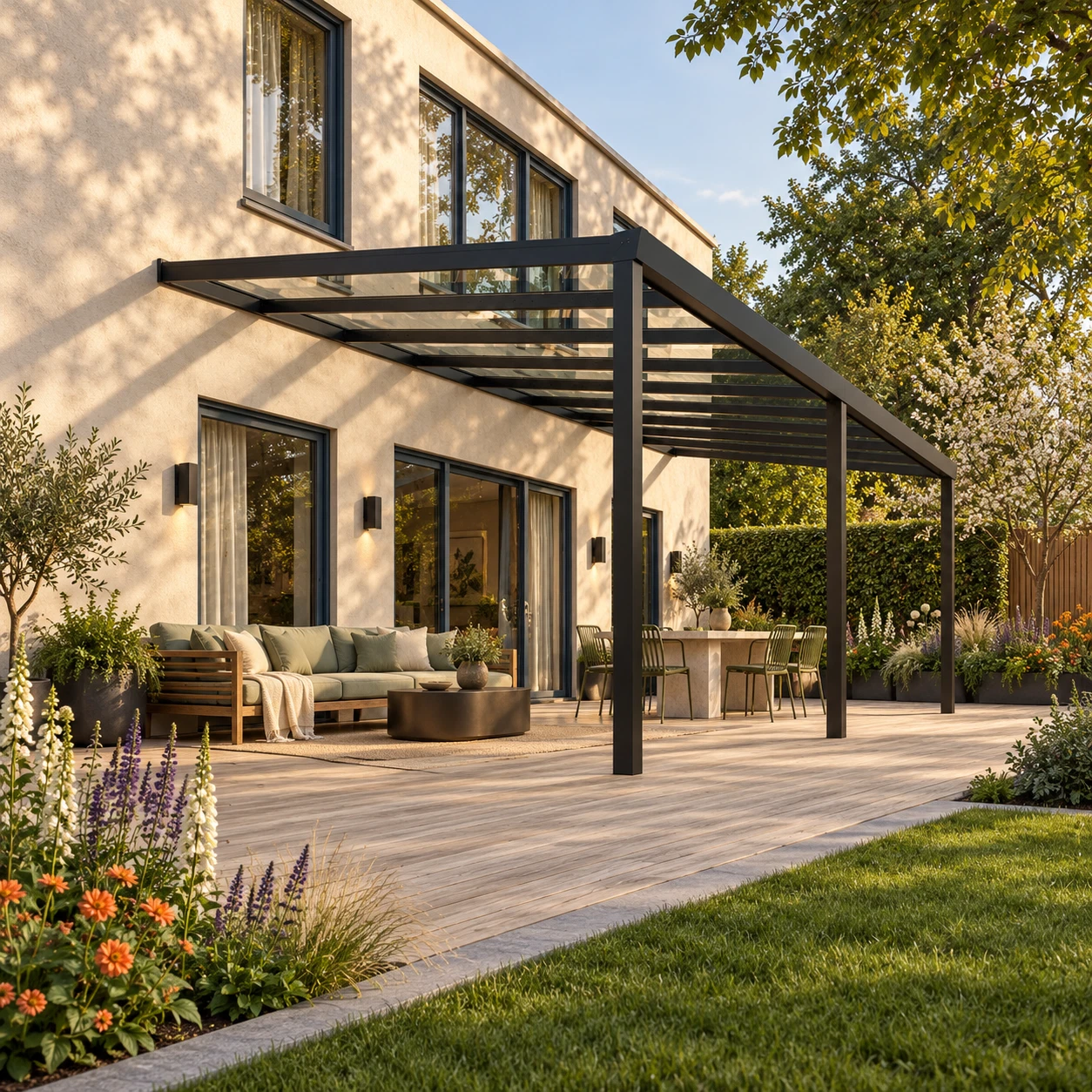 Terrassenüberdachung Plus 9,03 x 4 Meter Mattschwarz Klarglas moderne Rinne – Gesamtansicht Terrassenüberdachung Plus 9,03 x 4 Meter Mattschwarz Klarglas moderne Rinne – Gesamtansicht